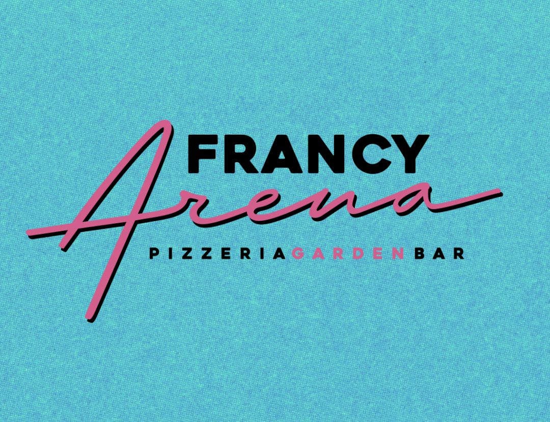 visiby marketing etico allestimento esterno Francy Arena bar Orte graphic design logo rosa sfondo blu